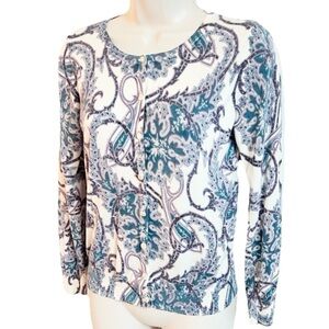 Talbots Silk Blend Button Down Paisley Cardigan Sweater Small White Blue Purple
